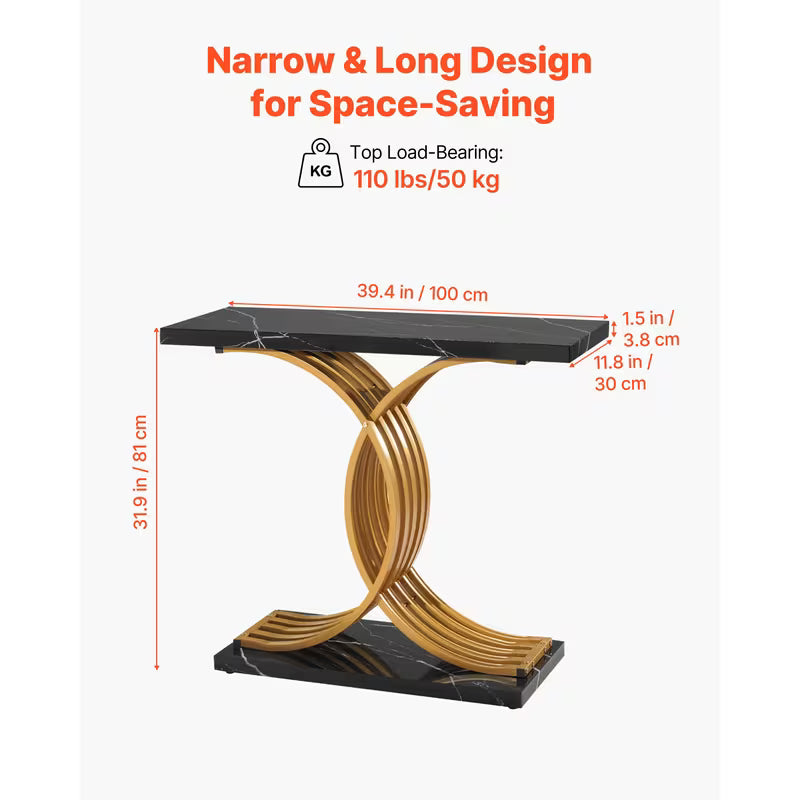 Vesper 39" Marble-Look Console Table with Gold X-Base