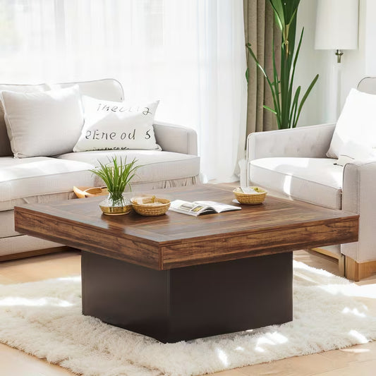 Marden 35 inch Square Wood Coffee Table with Block Base in living room setting