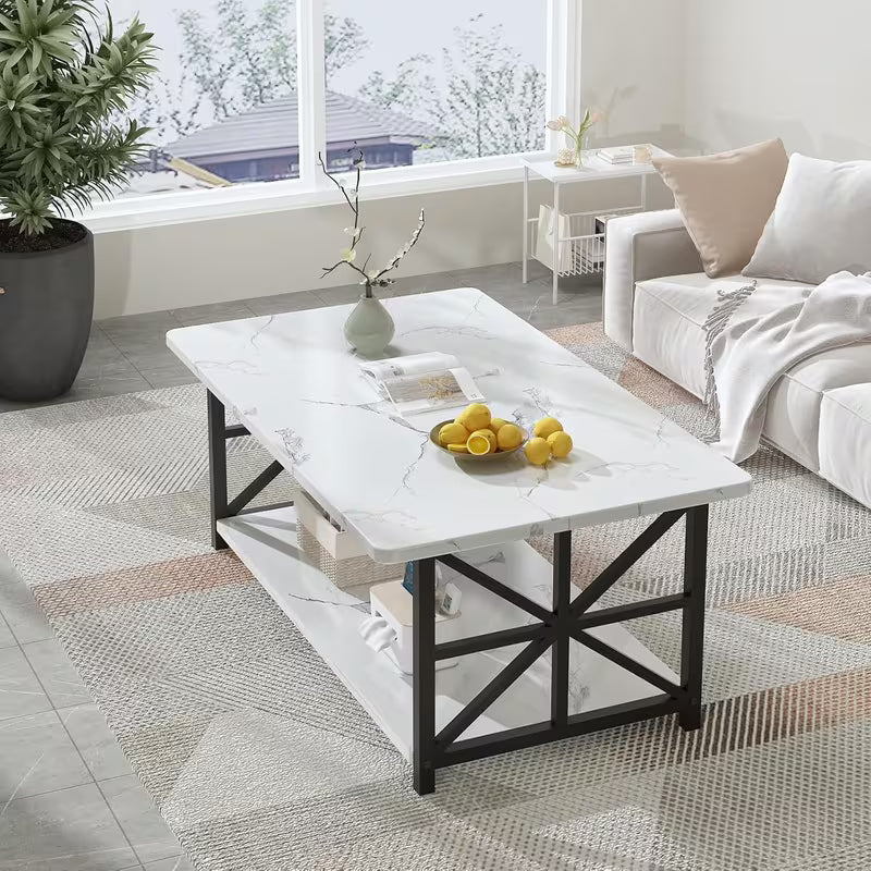 Rowe Faux Marble 2-Tier Coffee Table with Black Metal Frame