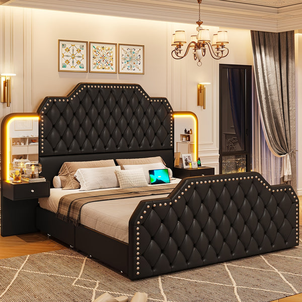 Aurelia Tufted Platform Bed with LED Nightstands & Mirror - Black - Sennfield Furniture