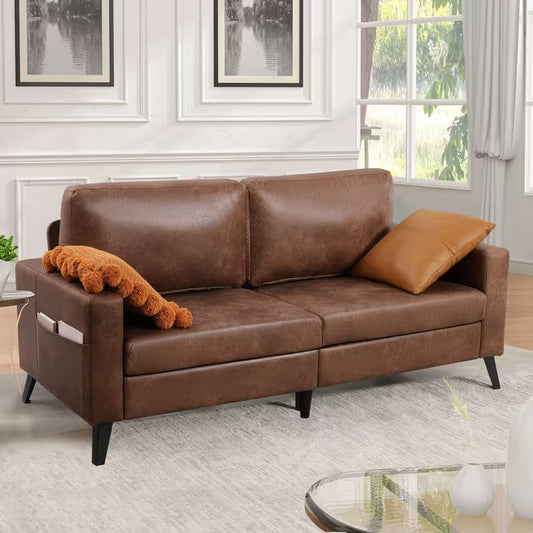 Everett Mid-Century Faux Leather Sofa in living room setting