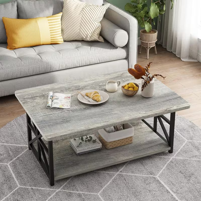 Rowe Faux Marble 2-Tier Coffee Table with Black Metal Frame