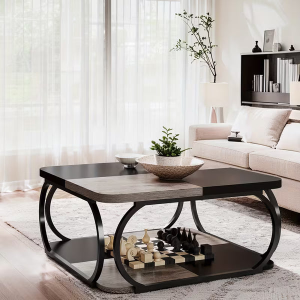 Winnie Farmhouse Coffee Table with Curved Metal Legs in living room setting