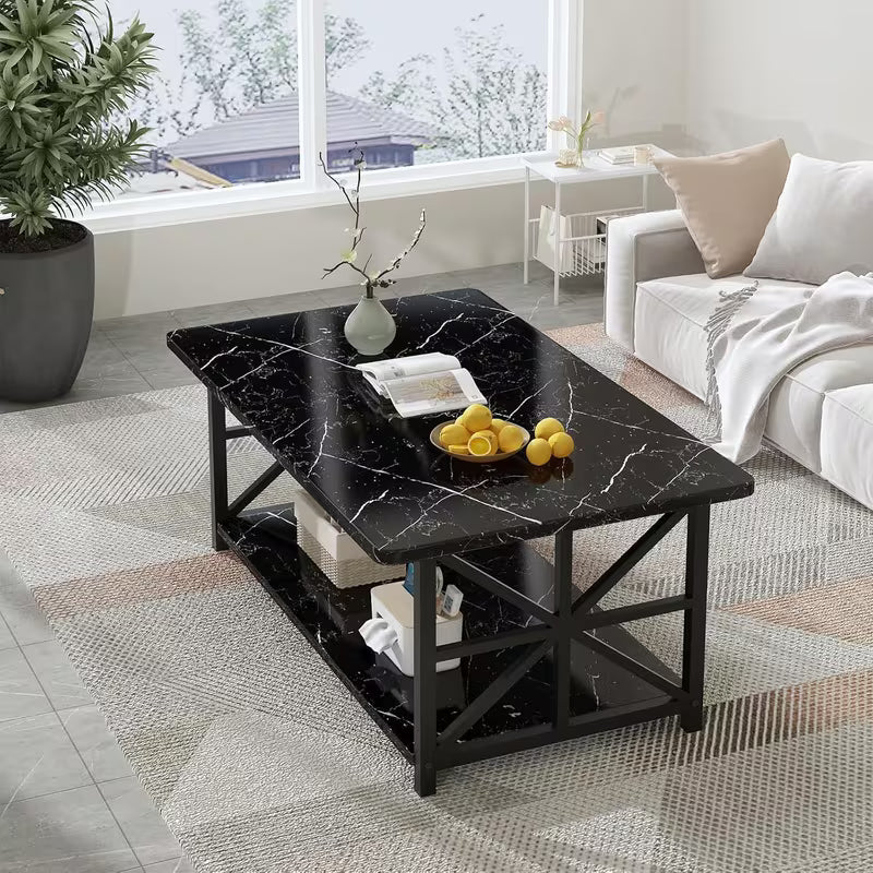 Rowe Faux Marble 2-Tier Coffee Table with Black Metal Frame