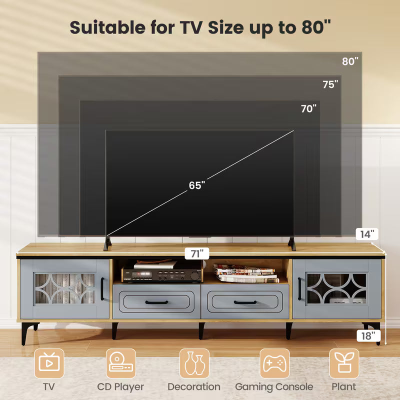 Bellamy 71" Mid-Century TV Console with Glass Cabinets