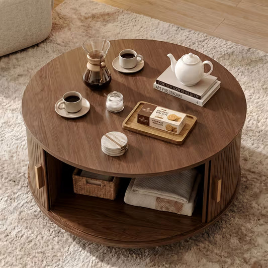 Sable Round Coffee Table with Sliding Door Storage in Walnut