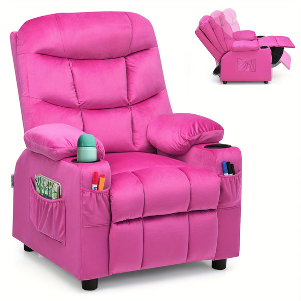Blossom Pink Velvet Kids Recliner with Cup Holder - Sennfield Furniture