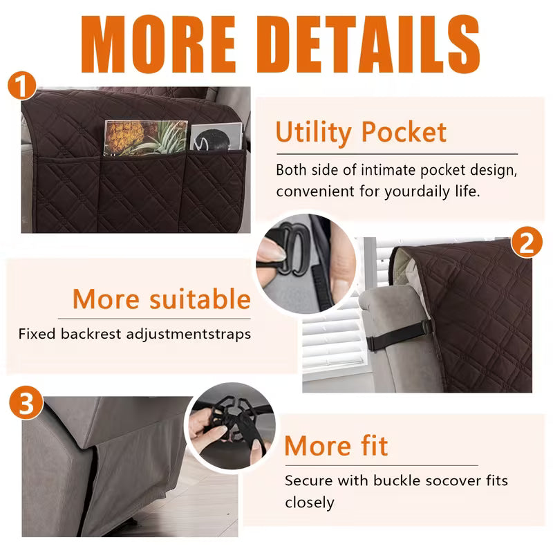 Quilted Recliner Protector Cover with Side Pockets