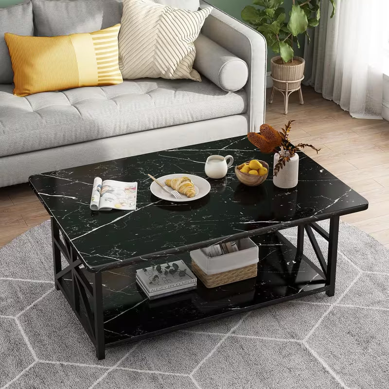 Rowe Faux Marble 2-Tier Coffee Table with Black Metal Frame