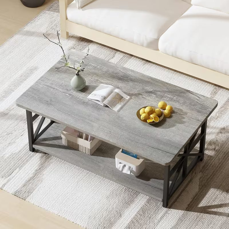 Rowe Faux Marble 2-Tier Coffee Table with Black Metal Frame