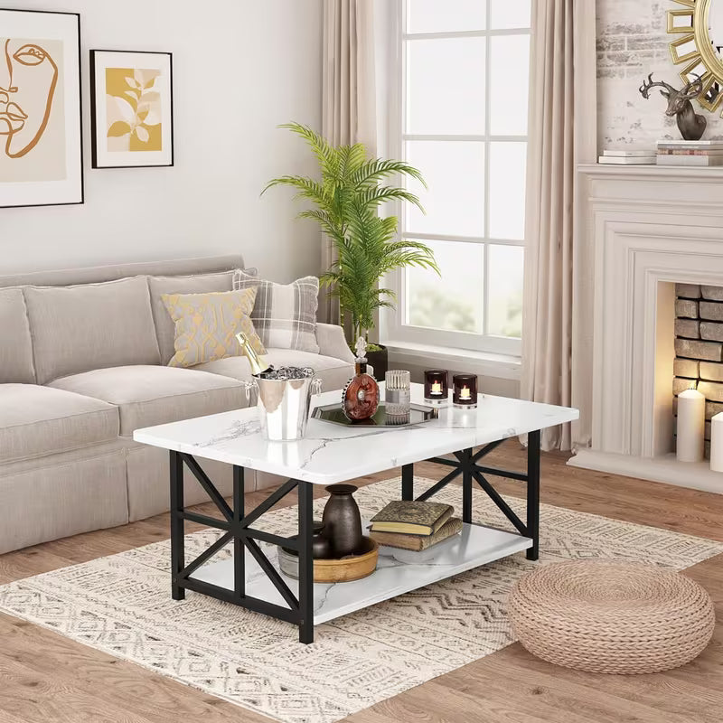 Rowe Faux Marble 2-Tier Coffee Table with Black Metal Frame