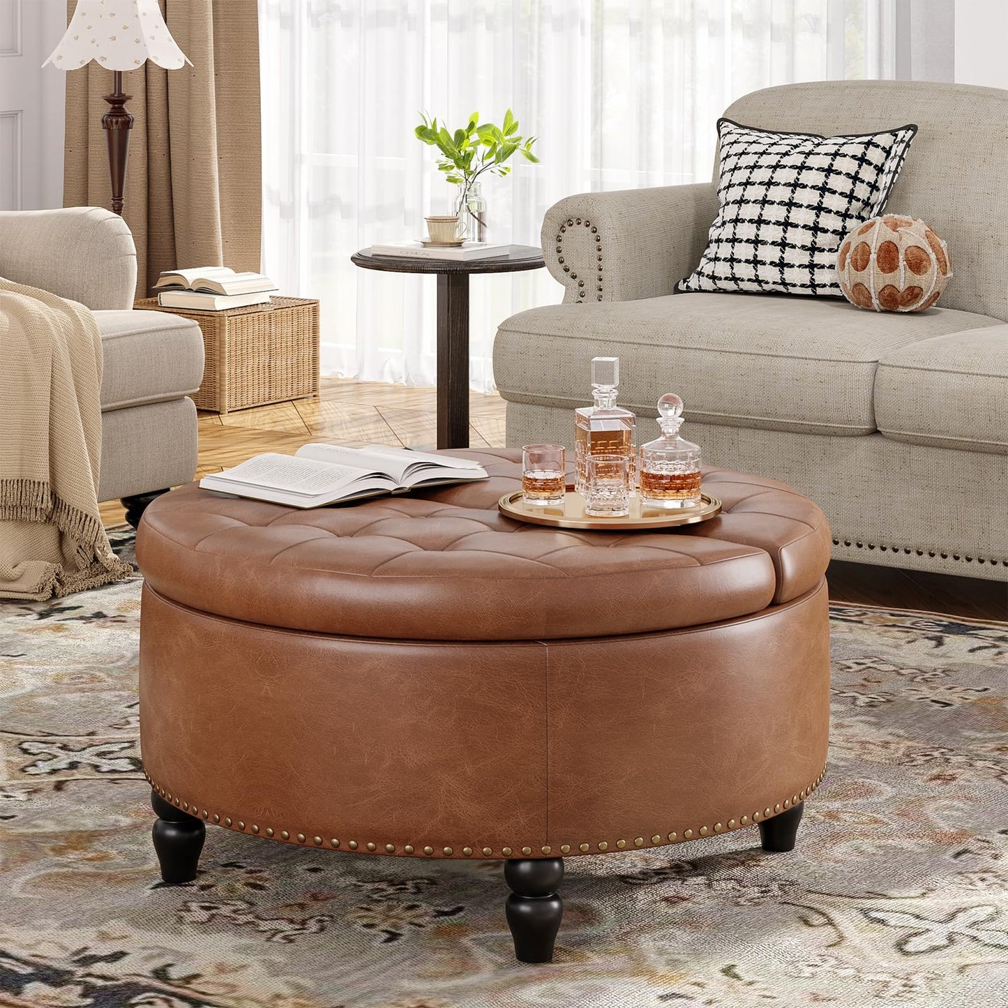 Everly Round Storage Ottoman Coffee Table - Brown - Sennfield Furniture