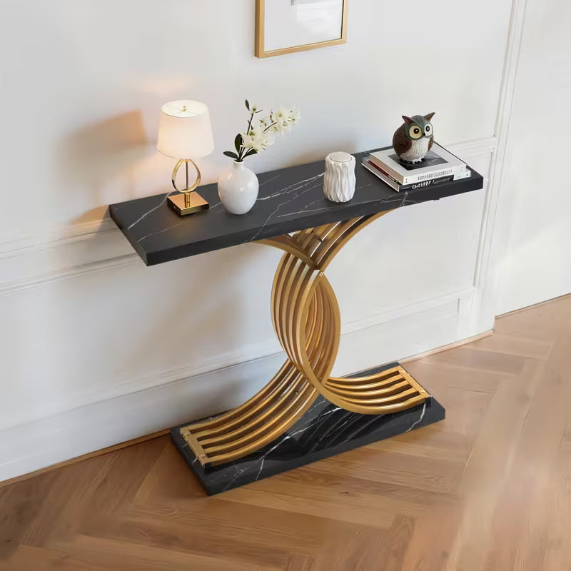 Vesper 39" Marble-Look Console Table with Gold X-Base