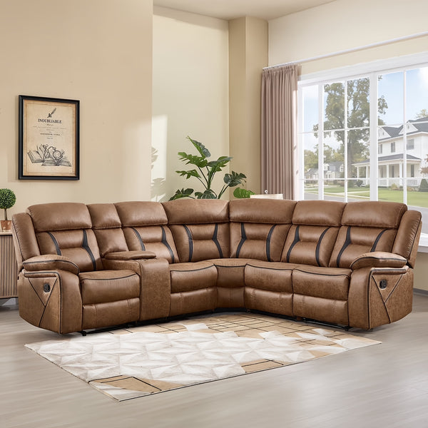 Cassidy Faux Leather Reclining Sectional Sofa with Storage Console - Nut Brown - Sennfield Furniture