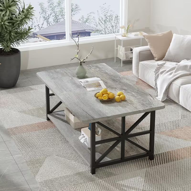 Rowe Faux Marble 2-Tier Coffee Table with Black Metal Frame