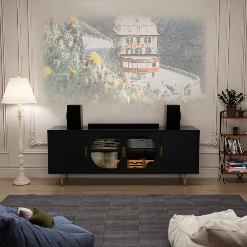 Vesper Contemporary TV Console with Glass Doors and Gold Legs
