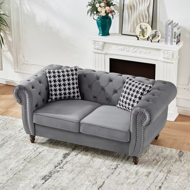 Beckwith Chesterfield Loveseat in Grey Velvet