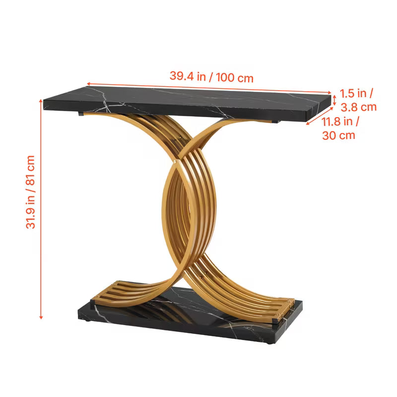 Vesper 39" Marble-Look Console Table with Gold X-Base