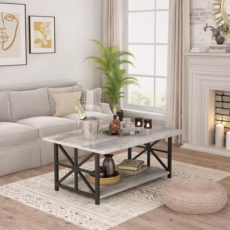 Rowe Faux Marble 2-Tier Coffee Table with Black Metal Frame in living room setting