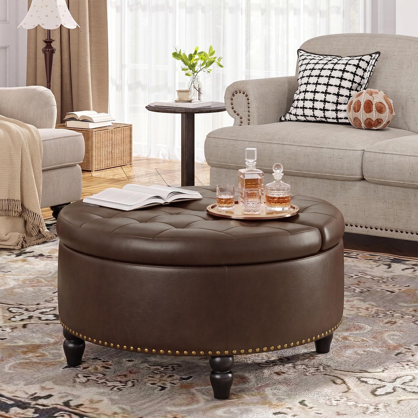 Everly Round Storage Ottoman Coffee Table - Chocolate - Sennfield Furniture