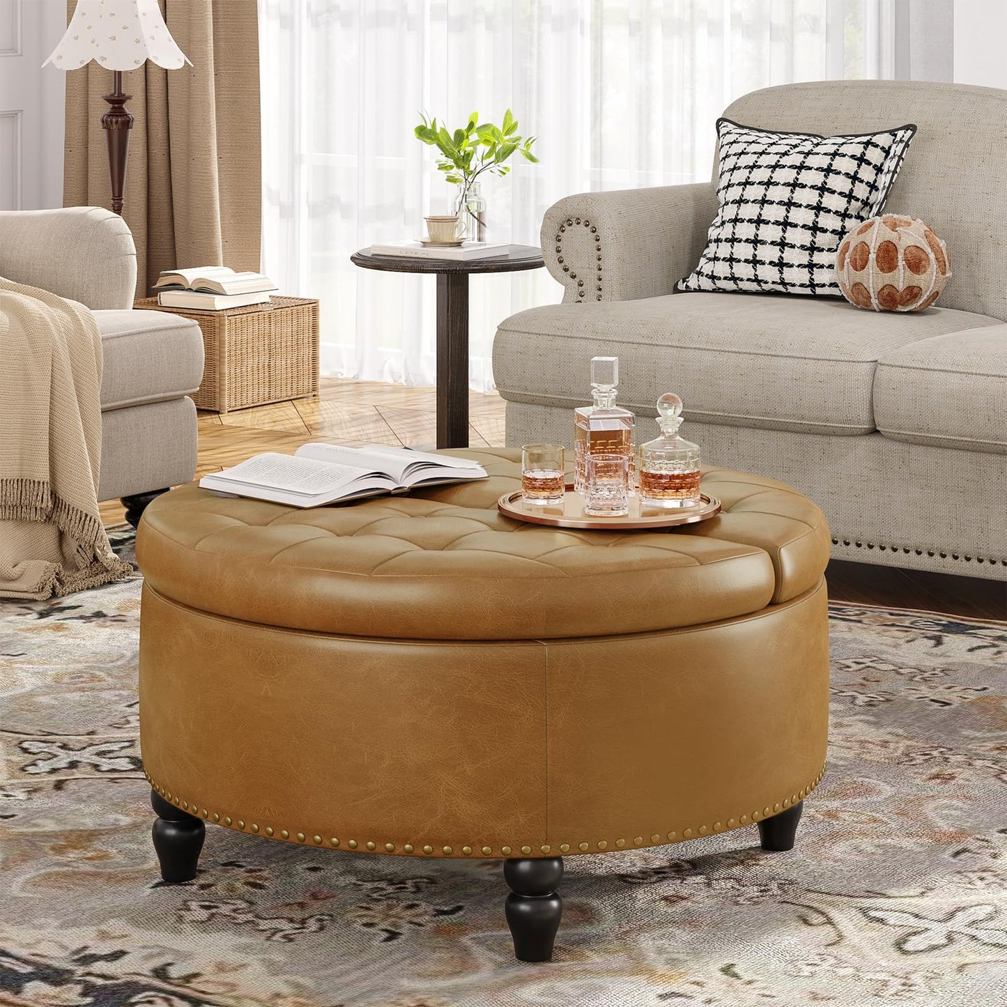 Everly Round Storage Ottoman Coffee Table - Camel - Sennfield Furniture