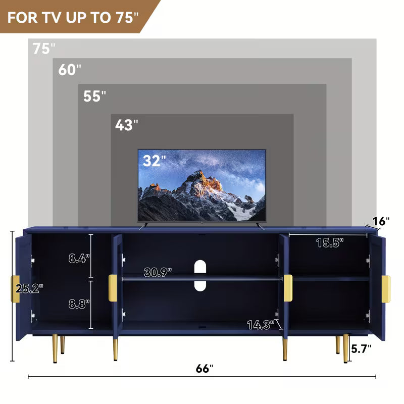 Vesper Contemporary TV Console with Glass Doors and Gold Legs