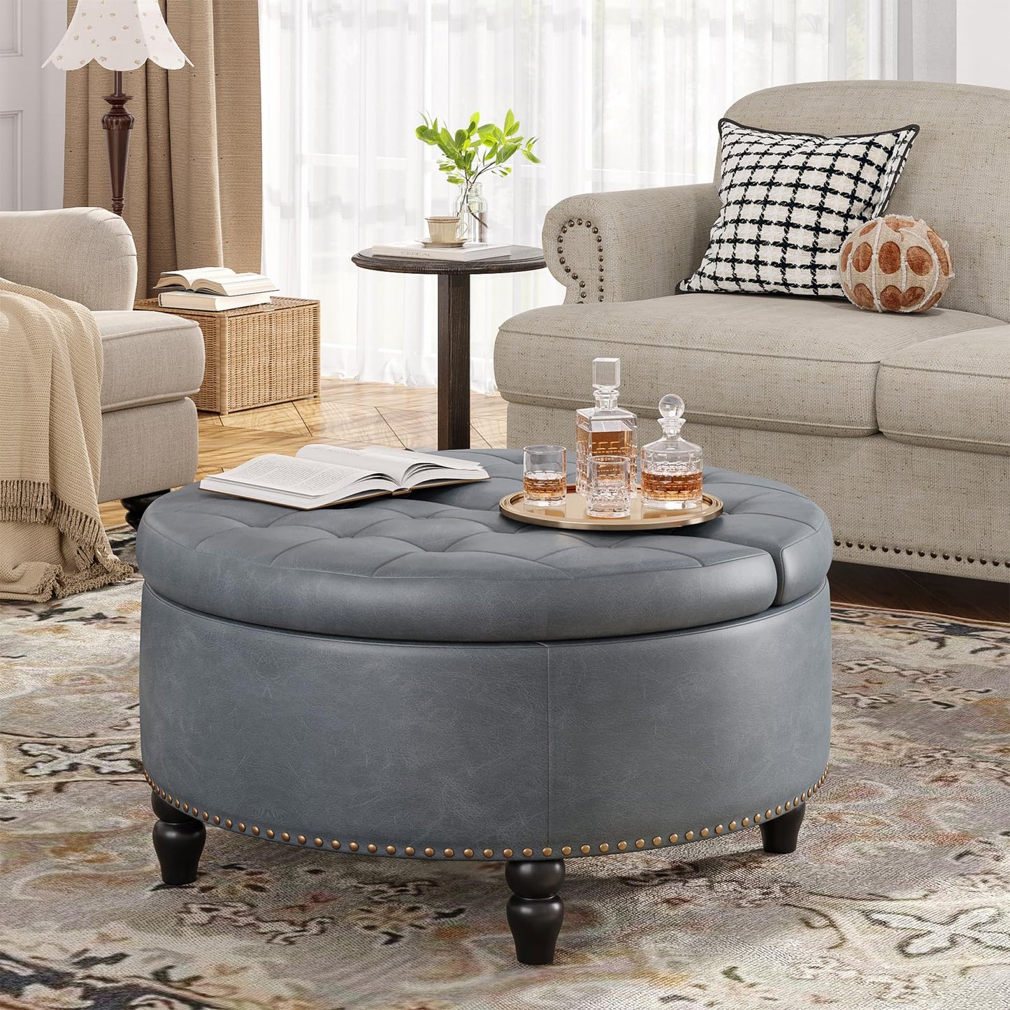 Everly Round Storage Ottoman Coffee Table - Grey - Sennfield Furniture