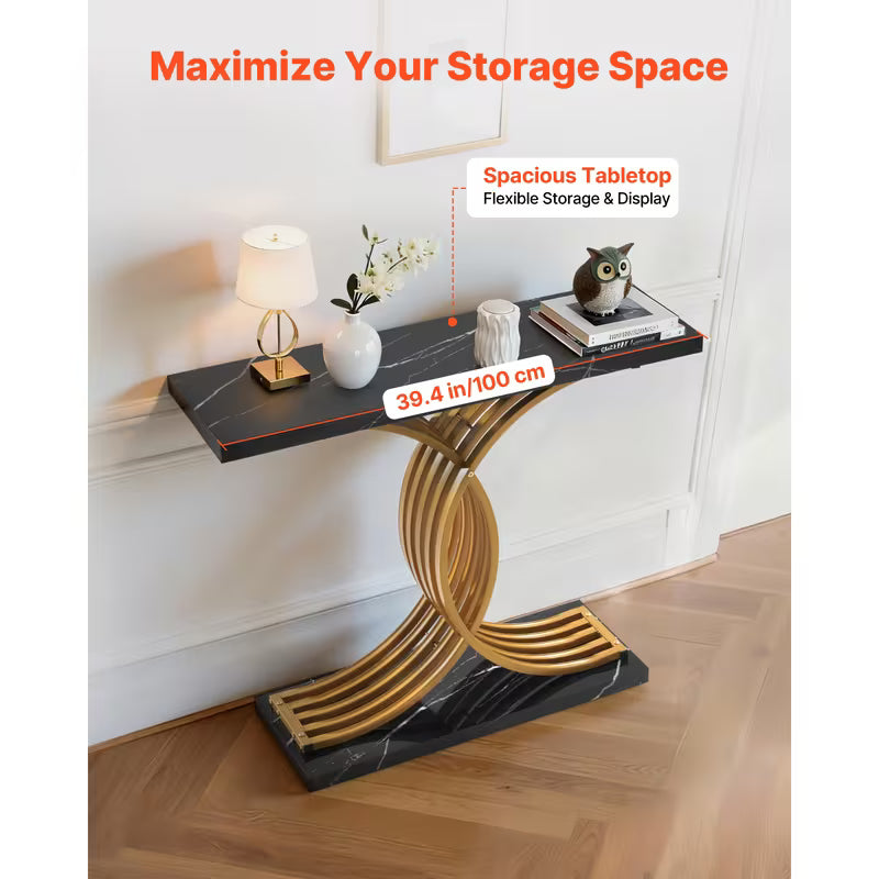 Vesper 39" Marble-Look Console Table with Gold X-Base