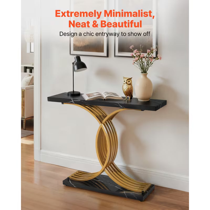 Vesper 39" Marble-Look Console Table with Gold X-Base