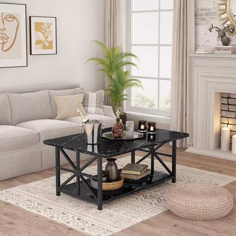 Rowe Faux Marble 2-Tier Coffee Table with Black Metal Frame