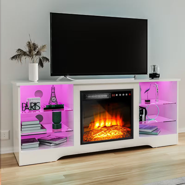 Ember 66" TV Console with Fireplace and Glass Shelving