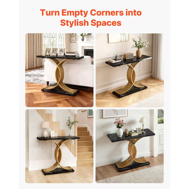Vesper 39" Marble-Look Console Table with Gold X-Base