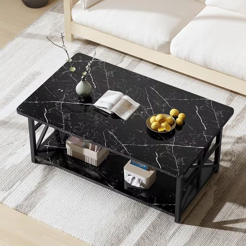 Rowe Faux Marble 2-Tier Coffee Table with Black Metal Frame