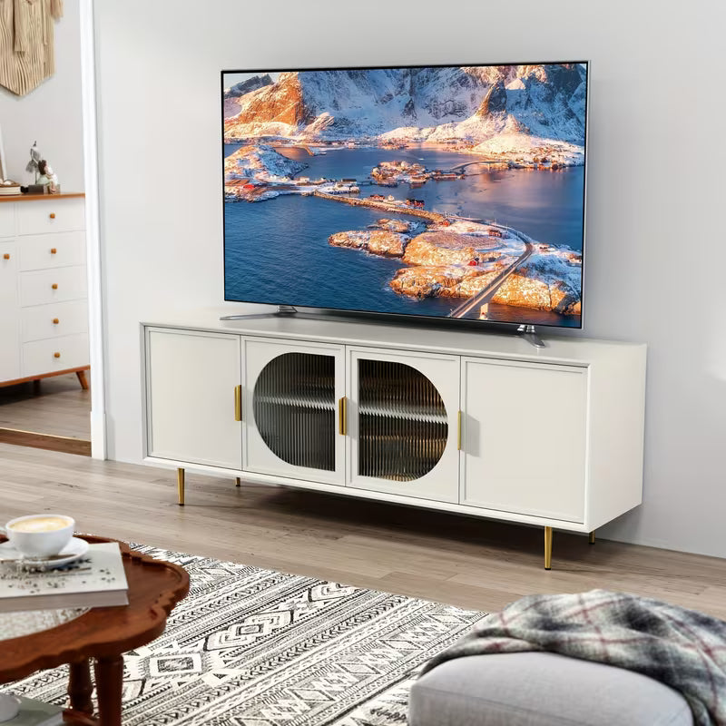 Vesper Contemporary TV Console with Glass Doors and Gold Legs