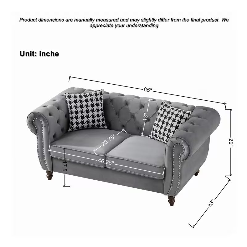 Beckwith Chesterfield Loveseat in Grey Velvet