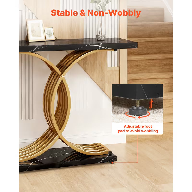 Vesper 39" Marble-Look Console Table with Gold X-Base