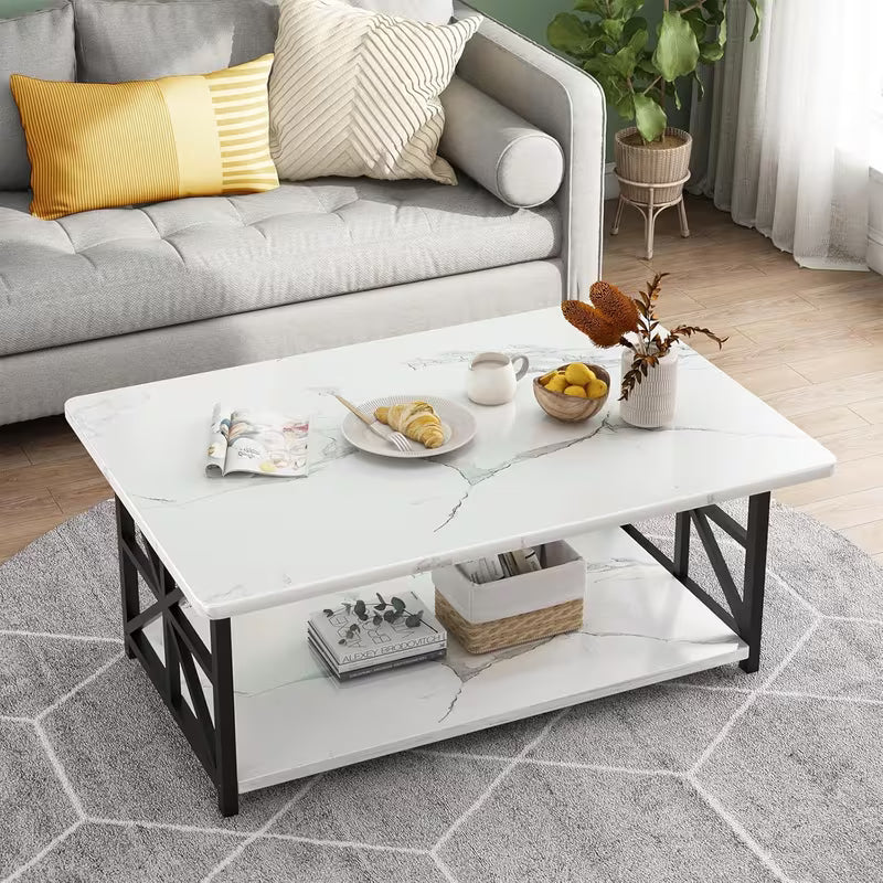 Rowe Faux Marble 2-Tier Coffee Table with Black Metal Frame